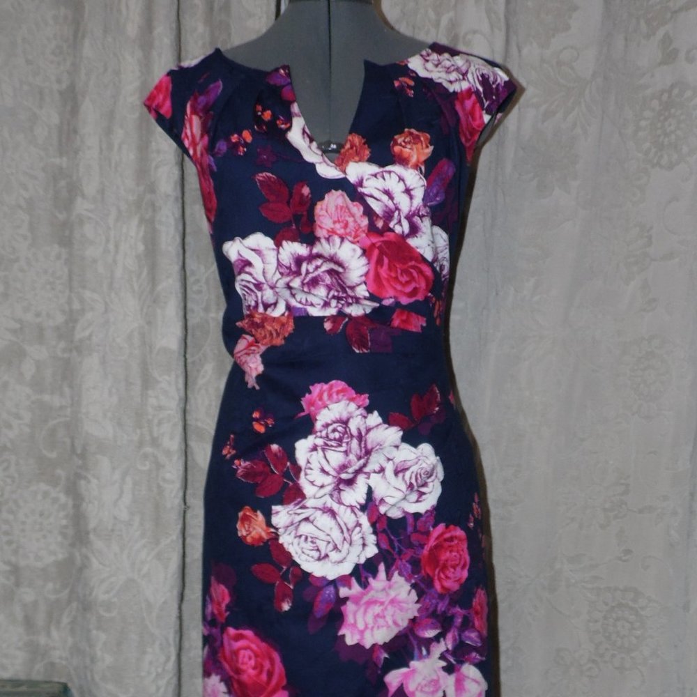 Adrianna Papell Navy & Pink Floral Dress Sz 8